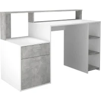 Bureau avec réhausse et rangements BOLTON - Mélamine blanc/gris béton - L138,5 x H91,6 x P53,5 cm(m-5)