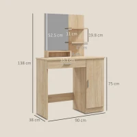 HOMCOM Schminktisch mit Schrank, Schublade, Spiegel und Offenen Regalen, 90x38x138 cm, Ahorn(m-3)