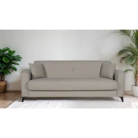 Canapé convertible 3 places - BERGAMO - Tissu beige - 2 coussins - coffre de rangement -  230 x 85 x 89 cm(m-2)