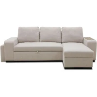 Canapé d'angle convertible réversible VALDO 3 a 4 places - Tissu Beige - Tablette avec USB - Coffre + Pouf - L247xP143xH86 cm(m-1)