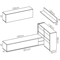 Ensemble meuble séjour living avec vitrine LED - Décor chene et blanc - L 260 x P 41 x H 180 cm - UMA(m-5)