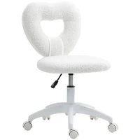 HOMCOM Sedia da Ufficio Imbottita con Schienale a Cuore e Rotelle, in Velluto Teddy e Plastica, 45x56x78-88 cm, Bianco(m-1)
