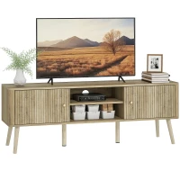 HOMCOM TV-Möbel, TV-Möbel bis 65 Zoll mit 2 Türen, 2 offenen Fächern, verstellbarer Regal, 140x35x49cm, Eiche(m-7)