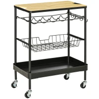 HOMCOM Carrinho de Cozinha com Rodas Carrinho de Cozinha Multiuso com Suporte para Garrafas Cesta Removível e 4 Ganchos para Sala de Jantar Sala de Estar 60,5x35,5x75cm Preto e Carvalho(m-10)
