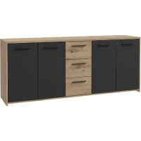 Buffet PILVI - Style contemporain - Particules mélaminé -Décor Chene artisan et Noir- 4 portes + 3 tiroirs - L179,2 x P42 x H74,5(m-1)
