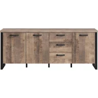 Buffet EMILE - Mélamine chene brun tabac et noir mat - 3 Portes + 3 Tiroirs - L214 x P45 x H86 cm - TRENDTEAM(m-4)