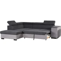 Canapé d'angle gauche convertible + coffre 5 places - Tissu gris - L 271 x P 220 x H 77 cm - ARMSTRONG - Fabriqué en Ukraine(m-5)