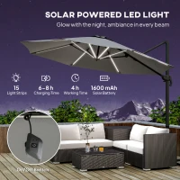 Outsunny 3(m) Adjustable Cantilever Parasol with Base, Solar LED Lights, Light Grey(m-4)