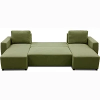 Canapé d'angle convertible panoramique PHARELL 5/6 places - Tissu olive - Coffre de rangement - L297 x P155 x H85 cm(m-5)