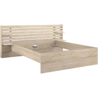 Lit adulte ESCALE 160x200 cm - Décor chene du Japon - 2 tiroirs + Tete de lit - L222,8 x H98,2 x P216,8 cm - Fabriqué en France(m-4)