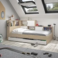 GAMI Erwan Lit enfant avec rangements - Décor blanc et châtaignier - 90 x 200 cm(m-1)