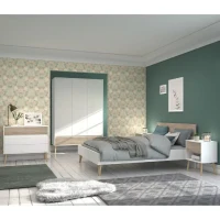 Chambre complete - AALBORG - Scandinave - Blanc / Chene - Lit 140 x 190 cm, 2 chevets, commode, armoire - PARISOT(m-1)
