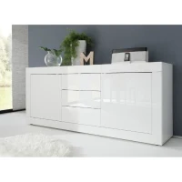 Buffet BASICO 2 Portes 3 Tiroirs Blanc Laqué brillant  - L210xP42xH85,8 cm(m-3)