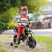 AIYAPLAY 12V Kindermotor met Trainingswielen, LED-Lichten, Muziek, USB, Elektrische Motorfiets voor Jongens en Meisjes, Geel(m-10)