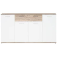 JACKY Buffet bas classique blanc et décor chene mat - L 160 cm(m-2)