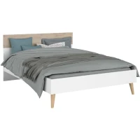 Ensemble Lit 160 x 200 cm + 2 chevets - AALBORG - Scandinave - Blanc / Chene - PARISOT(m-4)