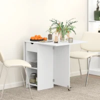 HOMCOM Inklapbare Eettafel voor 2-4 Personen, Opvouwbare Keukentafel met Opbergruimte, Uitschuifbare Tafel op Wielen, Wit(m-10)