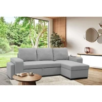 Canapé d'angle convertible réversible VALDO 3 a 4 places - Tissu Souris - Tablette avec USB - Coffre + Pouf - L247xP143xH86 cm(m-2)