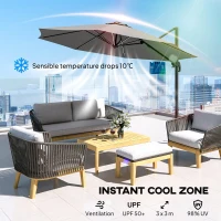Outsunny 3(m) Adjustable Cantilever Parasol with Base, Solar LED Lights, Light Grey(m-5)