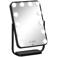 HOMCOM Espejo de Maquillaje con Luz Espejo Hollywood de Mesa con 12 LED 3 Modos y Luz Ajustable Pantalla Táctil y Función de Memoria para Dormitorio Baño 32,8x11x47,4 cm Negro(m-10)