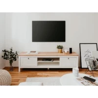 Meuble TV 2 tiroirs - Décor chene artisan et blanc - L 160 x P 45 x H 40 cm - BERGEN(m-2)