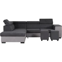 Canapé d'angle gauche convertible + coffre 5 places - Tissu gris - L 271 x P 220 x H 77 cm - ARMSTRONG - Fabriqué en Ukraine(m-4)