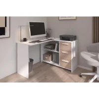 PARISOT Bureau d'angle 3 tiroirs - Décor Blanc / Chene - 121,2 x 74,5 x 111 cm - ESSENTIEL(m-2)