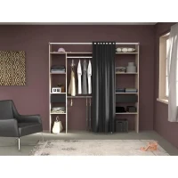 Dressing ARTIC avec rideau - L 198 x H 203 cm  - 2 colonnes + 2 penderies + 2 tiroirs - Chene Jackson et noir(m-4)