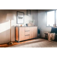 DENVER Buffet 3 portes 3 tiroirs - Décor chene artisan / Anthracite - L 160 x P 40 x H 88 cm(m-6)