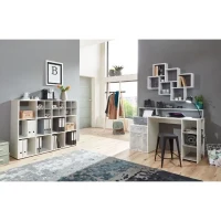 Bureau avec réhausse et rangements BOLTON - Mélamine blanc/gris béton - L138,5 x H91,6 x P53,5 cm(m-2)