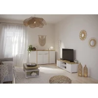 Ensemble Salon ACCESS : Table basse + Banc TV + Enfilade 4 portes - Decor chene Hamilton et blanc(m-2)