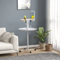 PawHut Comedouro para Pássaros em Pé Ø60x138 cm com 4 Rodas 2 Recipientes de Aço Inoxidável e 2 Poleiros Branco(m-2)