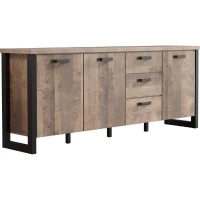 Buffet EMILE - Mélamine chene brun tabac et noir mat - 3 Portes + 3 Tiroirs - L214 x P45 x H86 cm - TRENDTEAM(m-1)