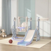 AIYAPLAY 4-in-1 Binnenspeelplaats, Glij- en Schommelset voor Peuters, Basketbalring, Raketontwerp, Kunststof, Lichtblauw(m-10)