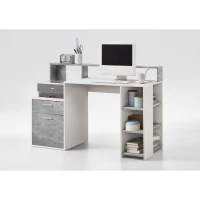 Bureau avec réhausse et rangements BOLTON - Mélamine blanc/gris béton - L138,5 x H91,6 x P53,5 cm(m-4)