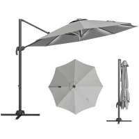Outsunny 3(m) Adjustable Cantilever Parasol with Base, Solar LED Lights, Light Grey(m-11)