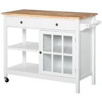 HOMCOM Carrello da Cucina in Legno Portavivande e Utensili, 2 Ruote Cassetti e Mensole, Multiuso e Salvaspazio, Bianco, 116.5x48x86.5cm(m-1)