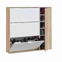 Meuble a chaussure - CLASS - 3 tiroirs abattants et 1 porte - Chene canadien et blanc - 106x115x22cm(m-5)