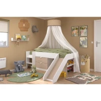 PARISOT SLIDE - Lit toboggan enfant - Décor Blanc et Chene Jackson - Sommier inclus - 90 x 200 cm(m-2)