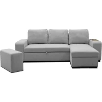 Canapé d'angle convertible réversible VALDO 3 a 4 places - Tissu Souris - Tablette avec USB - Coffre + Pouf - L247xP143xH86 cm(m-4)