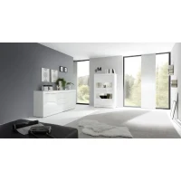 Buffet BASICO 2 Portes 3 Tiroirs Blanc Laqué brillant  - L210xP42xH85,8 cm(m-2)