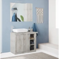 Meuble simple vasque - 2 Portes + 3 niches  - L 92 x P47 x H 90cm - effet chene pin clair(m-1)