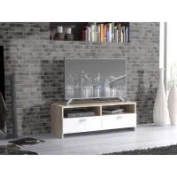 Meuble TV PILVI - Blanc mat et chene - Contemporain - L 95 x P 36 x H 34,5 cm(m-2)