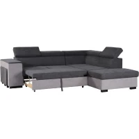 Canapé d'angle droit convertible + coffre 5 places - Tissu gris - L 271 x P 220 x H 77 cm - ARMSTRONG - Fabriqué en Ukraine(m-5)