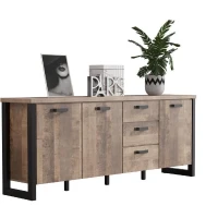 Buffet EMILE - Mélamine chene brun tabac et noir mat - 3 Portes + 3 Tiroirs - L214 x P45 x H86 cm - TRENDTEAM(m-3)