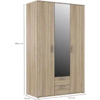 Armoire 3 portes battantes avec 1 miroir + 2 tiroirs - Décor chene Sonoma - L 121 x P 54 x H 200,1 cm - SELKEÄ(m-2)