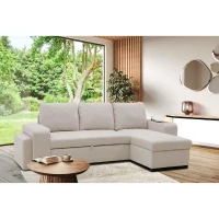 Canapé d'angle convertible réversible VALDO 3 a 4 places - Tissu Beige - Tablette avec USB - Coffre + Pouf - L247xP143xH86 cm(m-2)