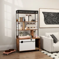 PawHut Kattenbak met 3-Niveau's Opbergrek en Krabpaal, Gesloten Kattenbak, 80 x 48 x 152 cm, Bruin(m-10)