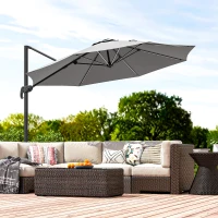 Outsunny 3(m) Adjustable Cantilever Parasol with Base, Solar LED Lights, Light Grey(m-9)
