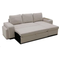 Canapé d'angle convertible réversible VALDO 3 a 4 places - Tissu Beige - Tablette avec USB - Coffre + Pouf - L247xP143xH86 cm(m-5)